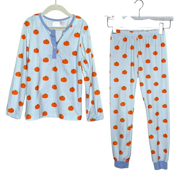 Cecil and Lou 8 Blue Striped Pumpkin Print Pajamas 2 Piece Set Fall Autumn - Picture 1 of 13